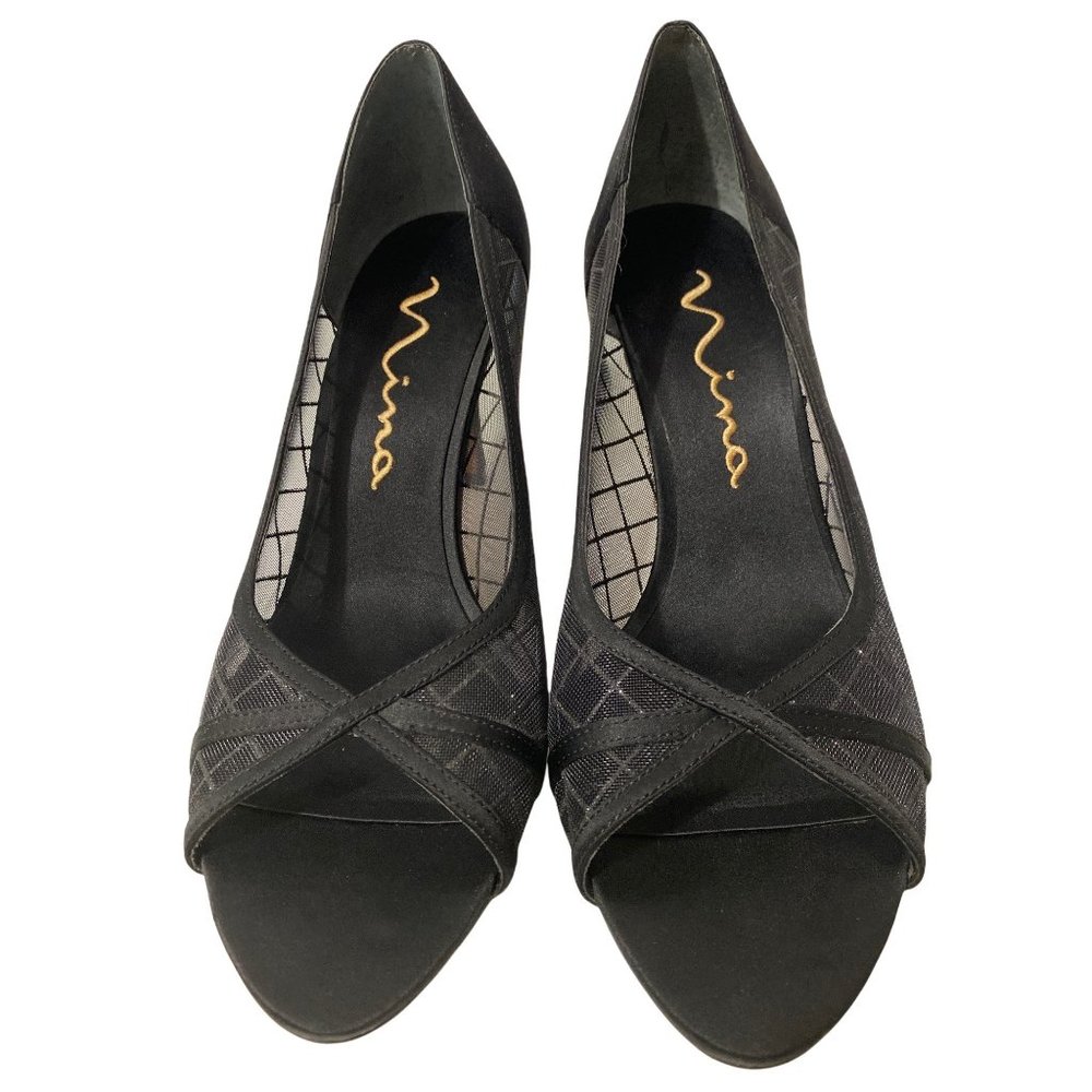 NINA Black Glitter Sheer Peep Toe Heel 8.5